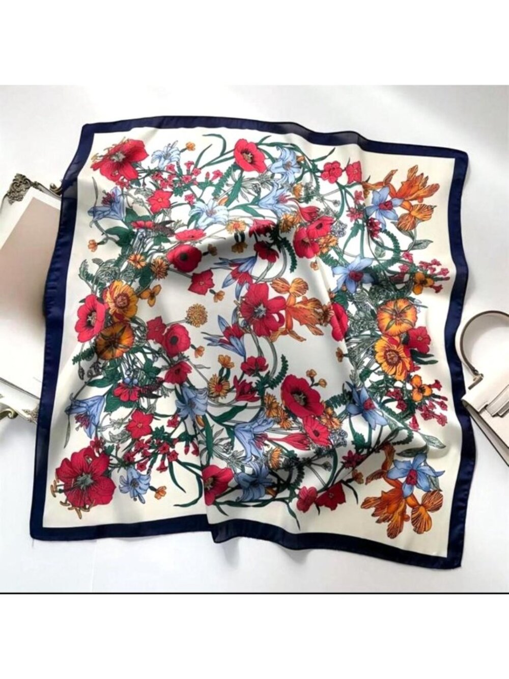 New Elegant Bandana Square Silky Scarf BLACK Flowers Garden Versatile Shawl Wrap - Picture 5 of 6